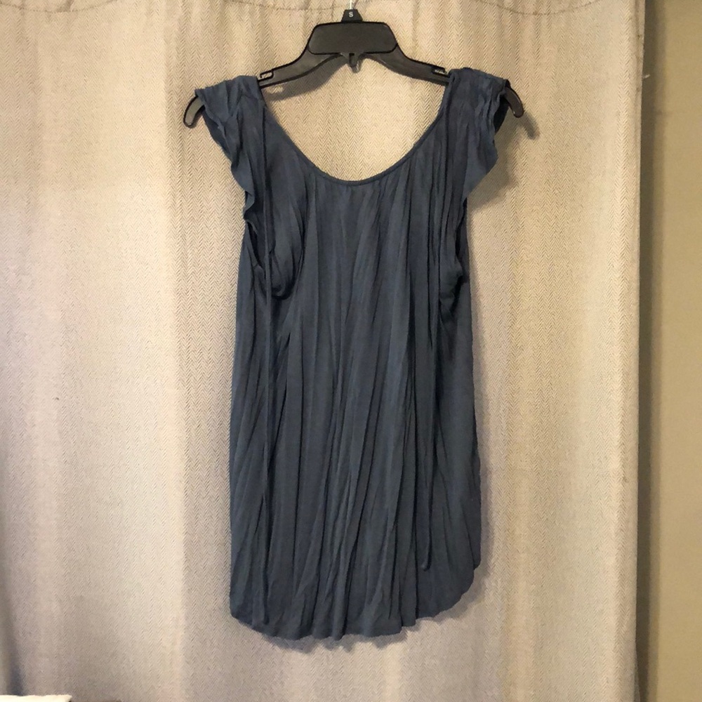 Dusty navy blue blouse. Narrow ruffled sleeve. Ties hang down in front. Loft M.